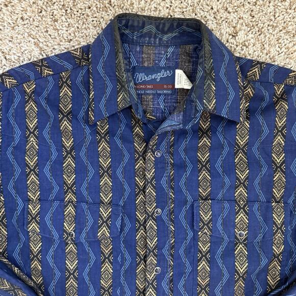 Wrangler X-Long Tails 15-33 Blue Aztec Pearl Snap Button Up Western Shirt Large - Picture 2 of 9